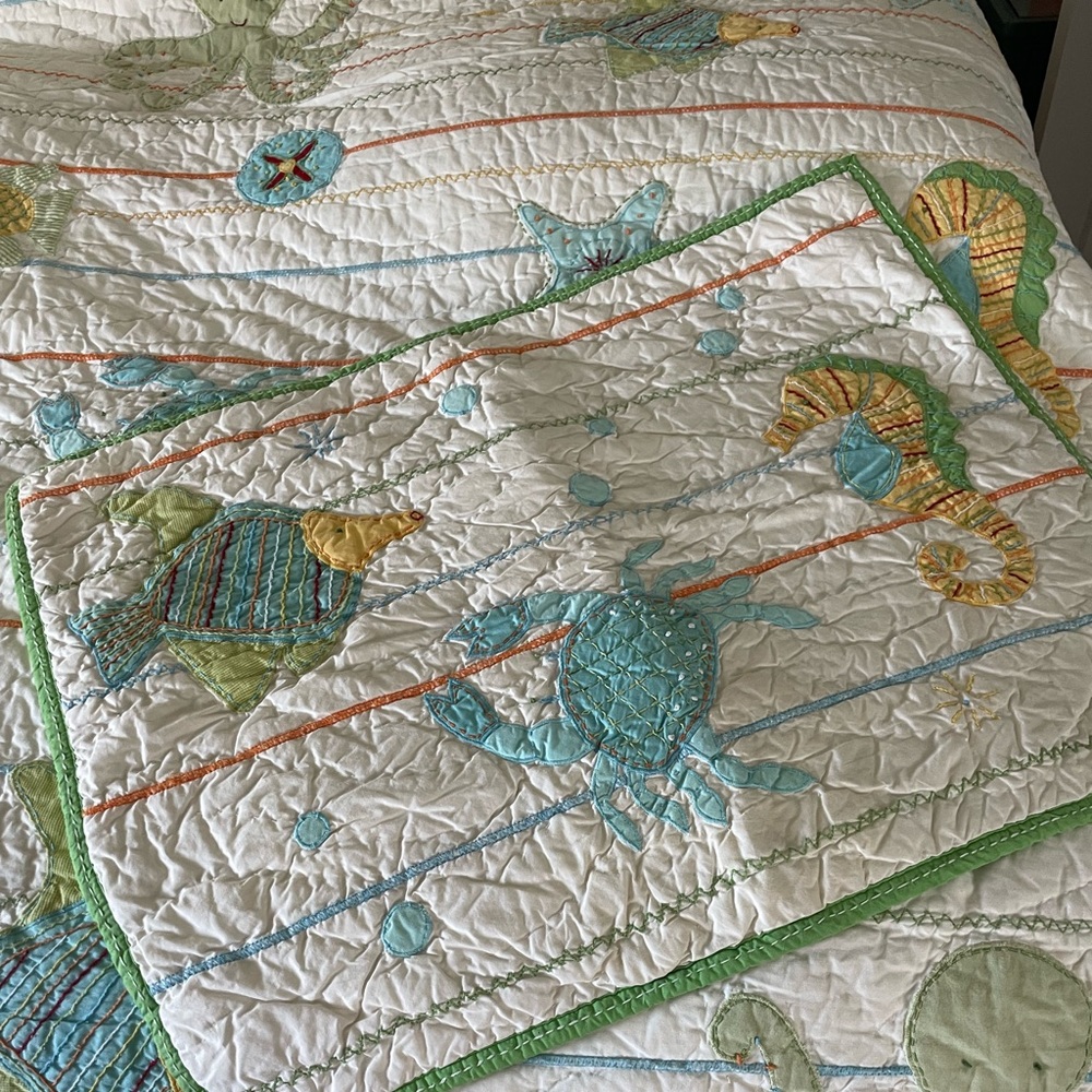Pottery Barn Kids ocean Critters quilt sham and sheet set.